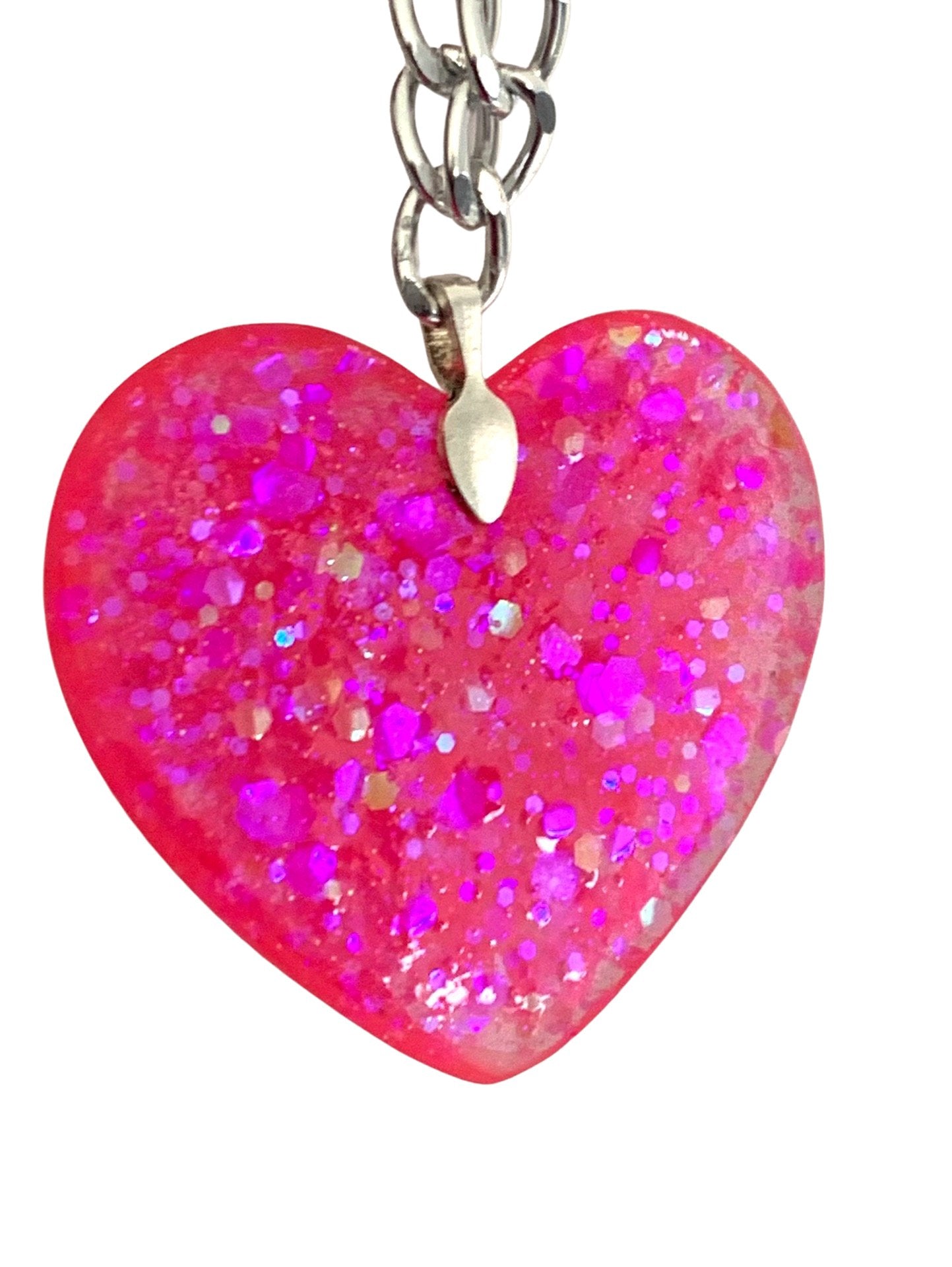 Big Pink Sparkly Heart Pendant on Lightweight Silver Aluminum Chain, 2” - LumiFae