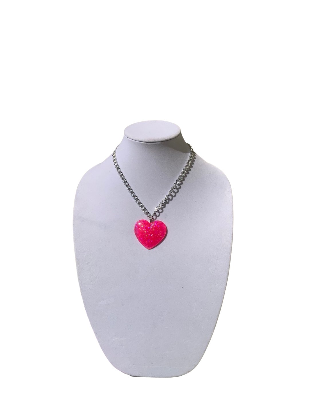 Big Pink Sparkly Heart Pendant on Lightweight Silver Aluminum Chain, 2” - LumiFae