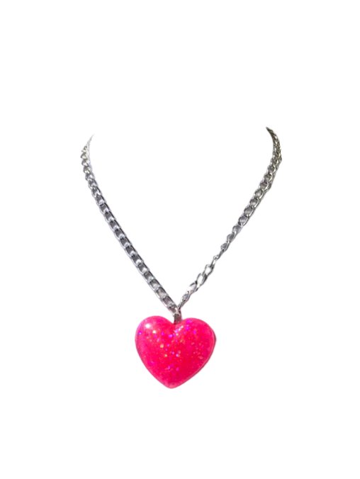 Big Pink Sparkly Heart Pendant on Lightweight Silver Aluminum Chain, 2” - LumiFae