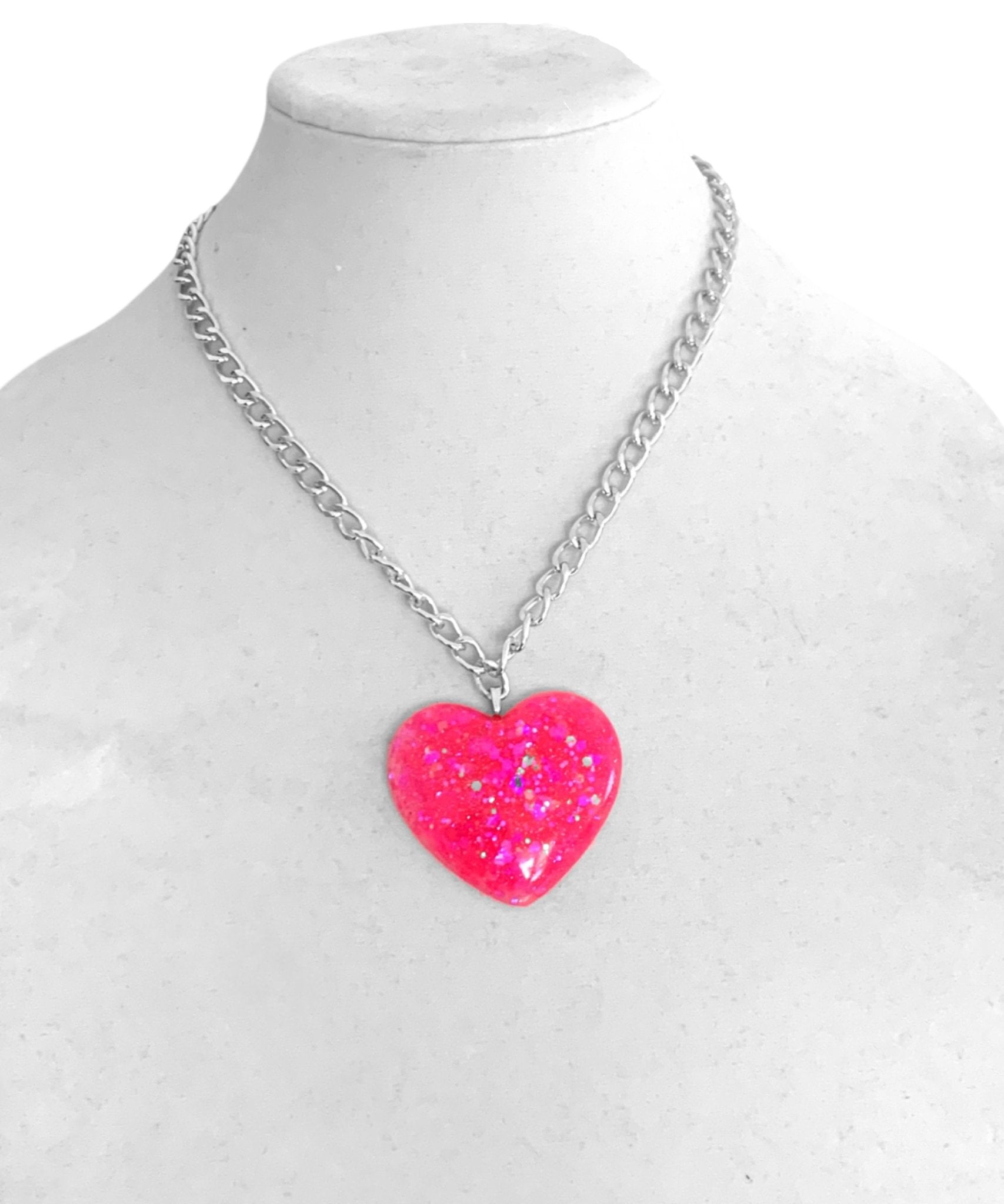 Big Pink Sparkly Heart Pendant on Lightweight Silver Aluminum Chain, 2” - LumiFae