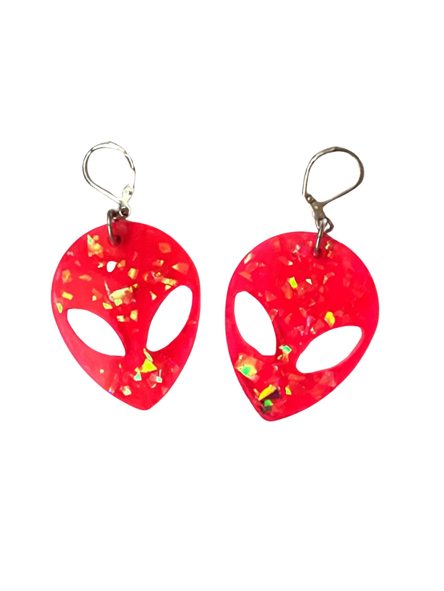 Blacklight Hot Pink Glitter Alien Head Earrings, Blacklight Reactive - LumiFae