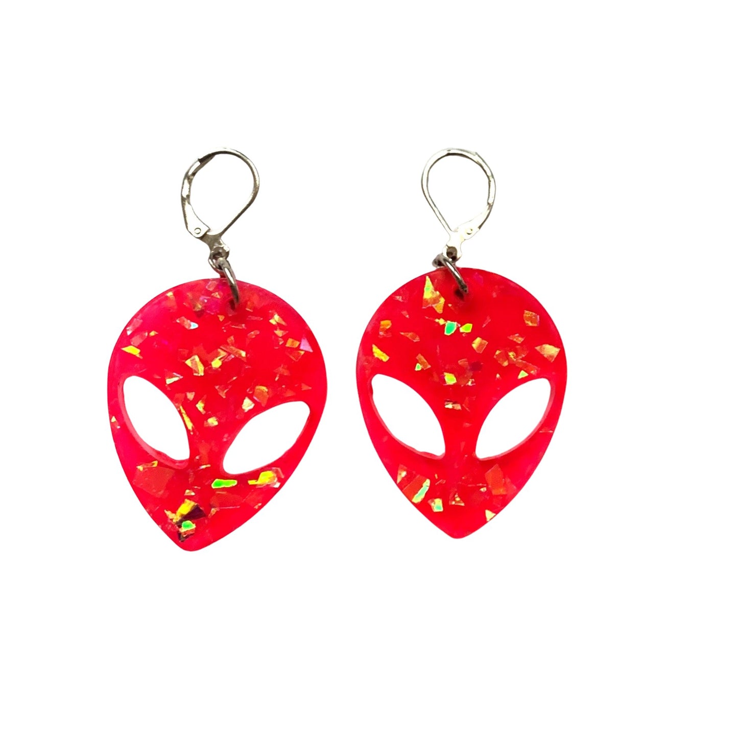 Blacklight Hot Pink Glitter Alien Head Earrings, Blacklight Reactive - LumiFae