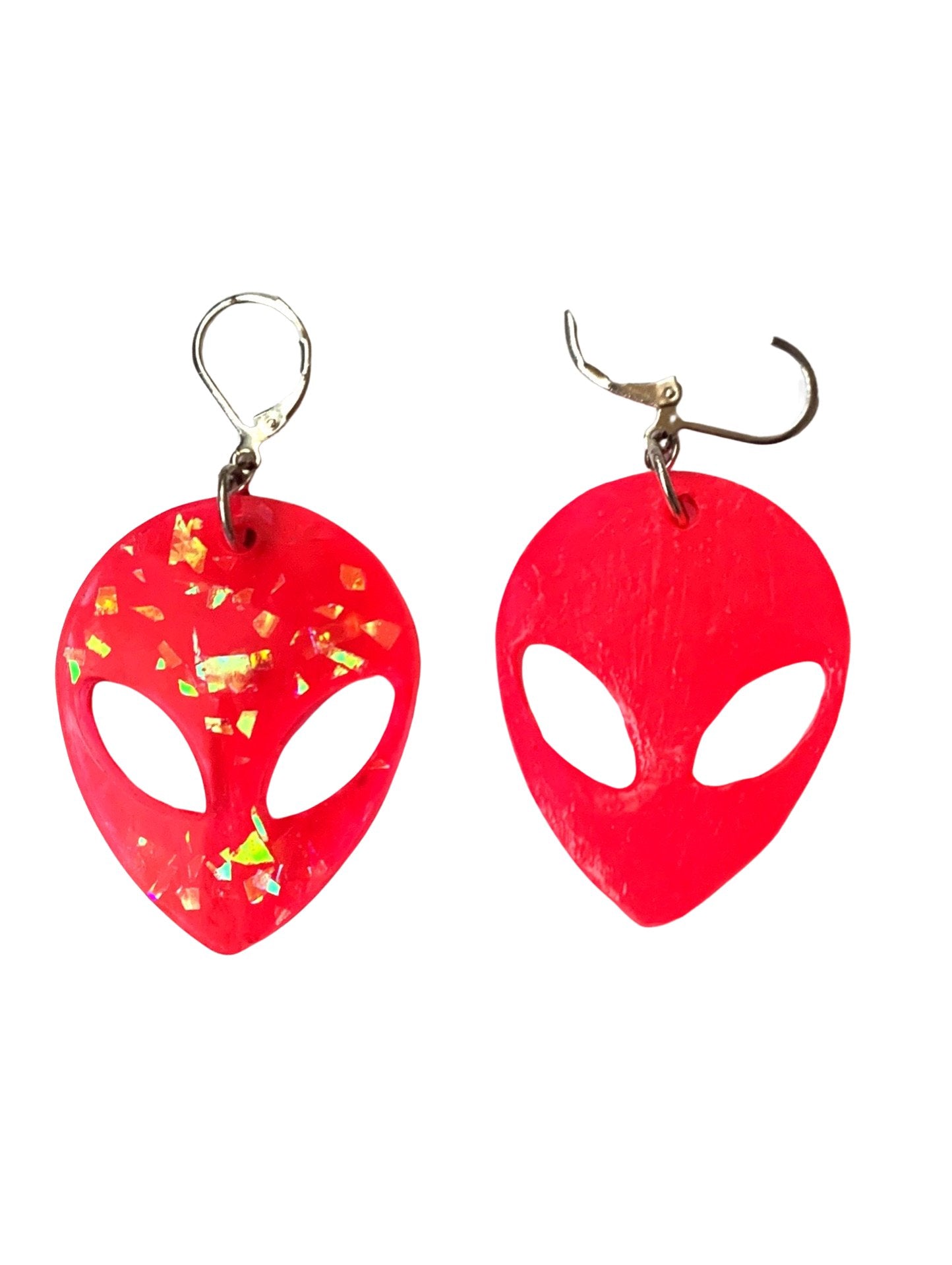 Blacklight Hot Pink Glitter Alien Head Earrings, Blacklight Reactive - LumiFae