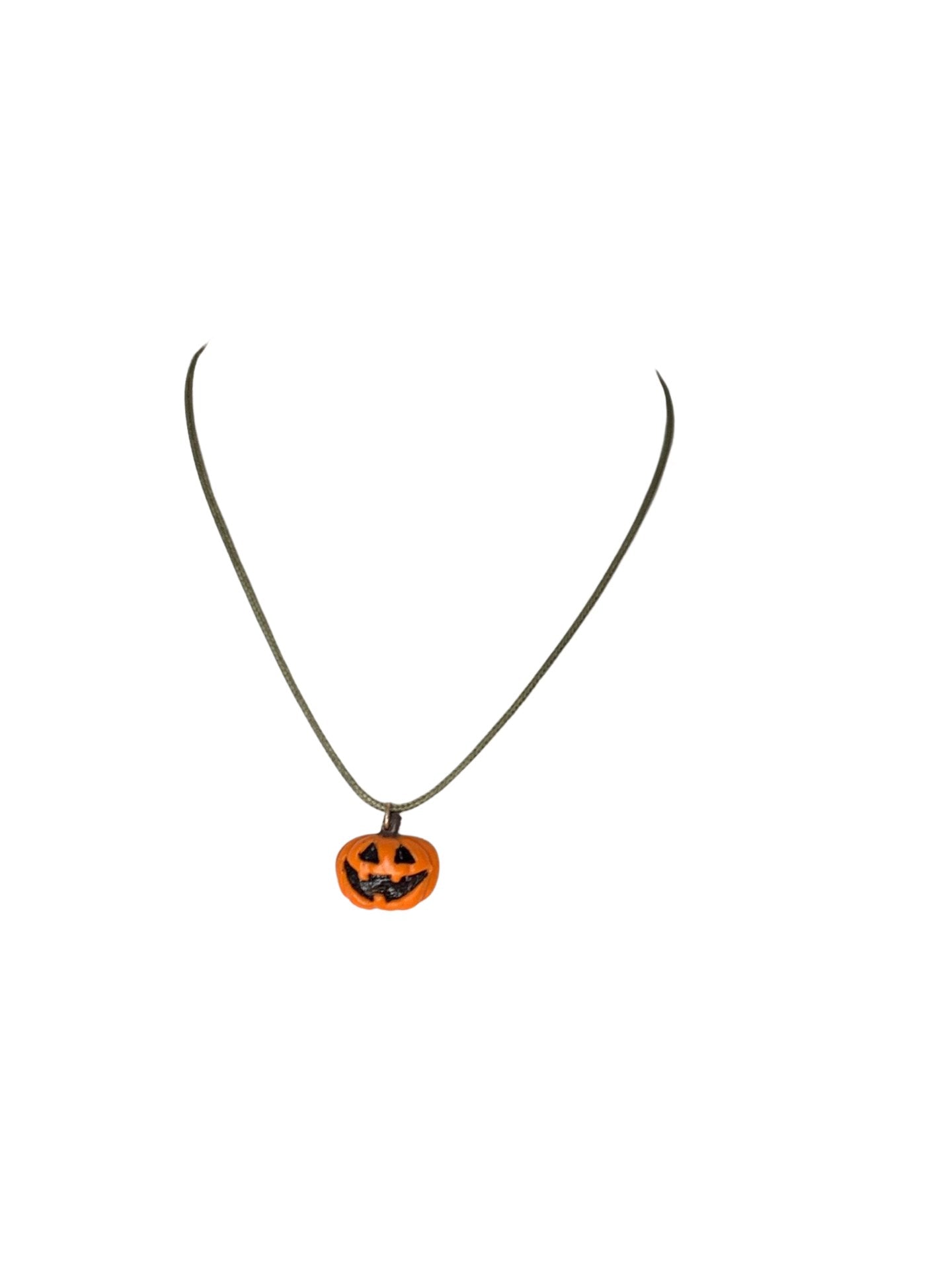 Cute Jack-O-Lantern Necklace, Orange Pumpkin, Green Faux Leather, Vegan - LumiFae