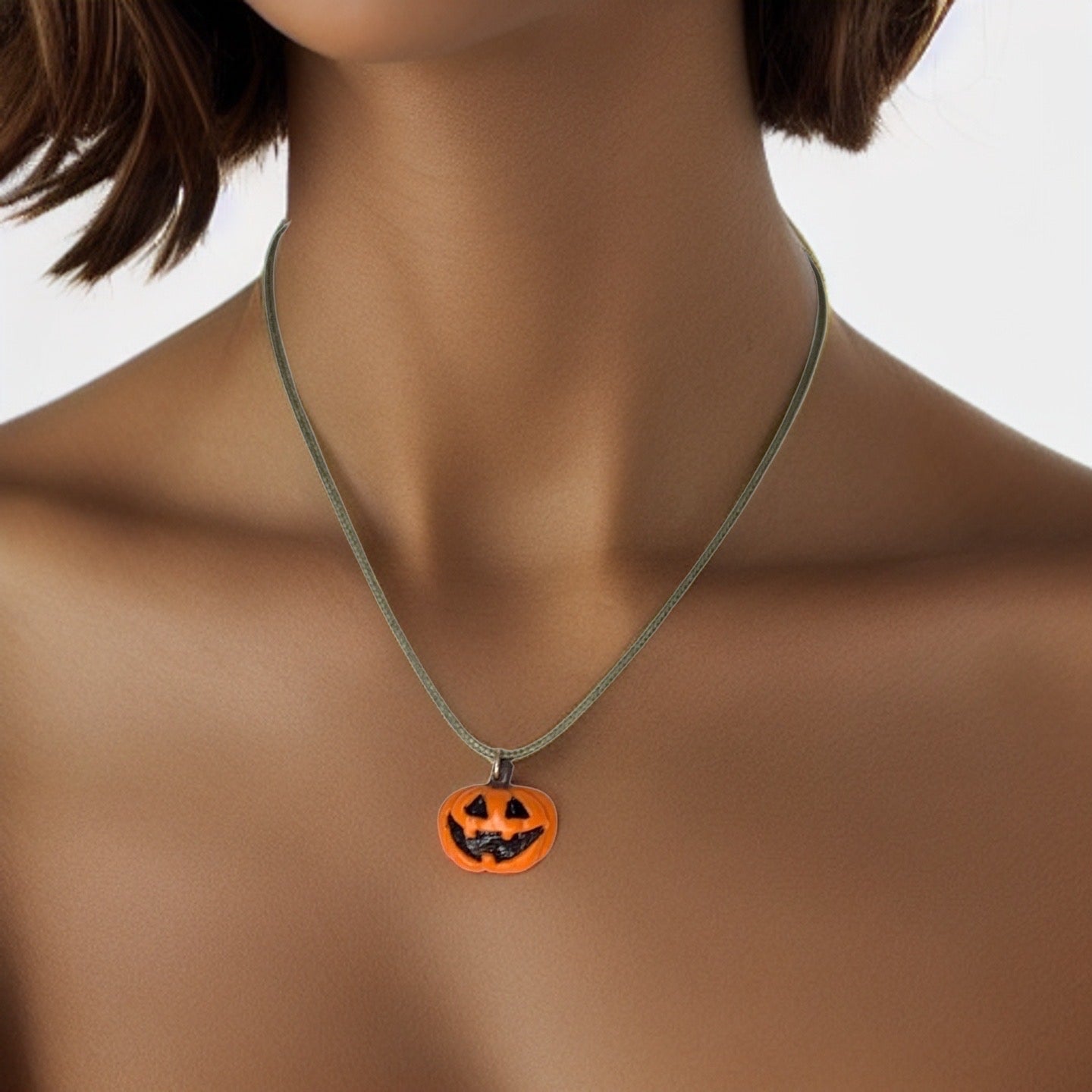 Cute Jack-O-Lantern Necklace, Orange Pumpkin, Green Faux Leather, Vegan - LumiFae