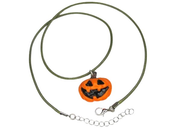 Cute Jack-O-Lantern Necklace, Orange Pumpkin, Green Faux Leather, Vegan - LumiFae