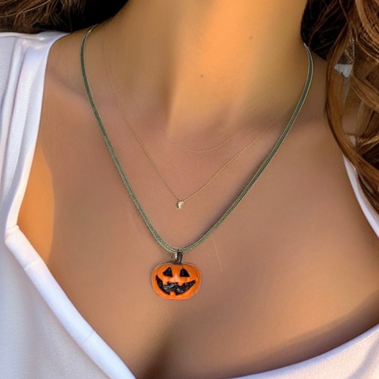 Cute Jack-O-Lantern Necklace, Orange Pumpkin, Green Faux Leather, Vegan - LumiFae