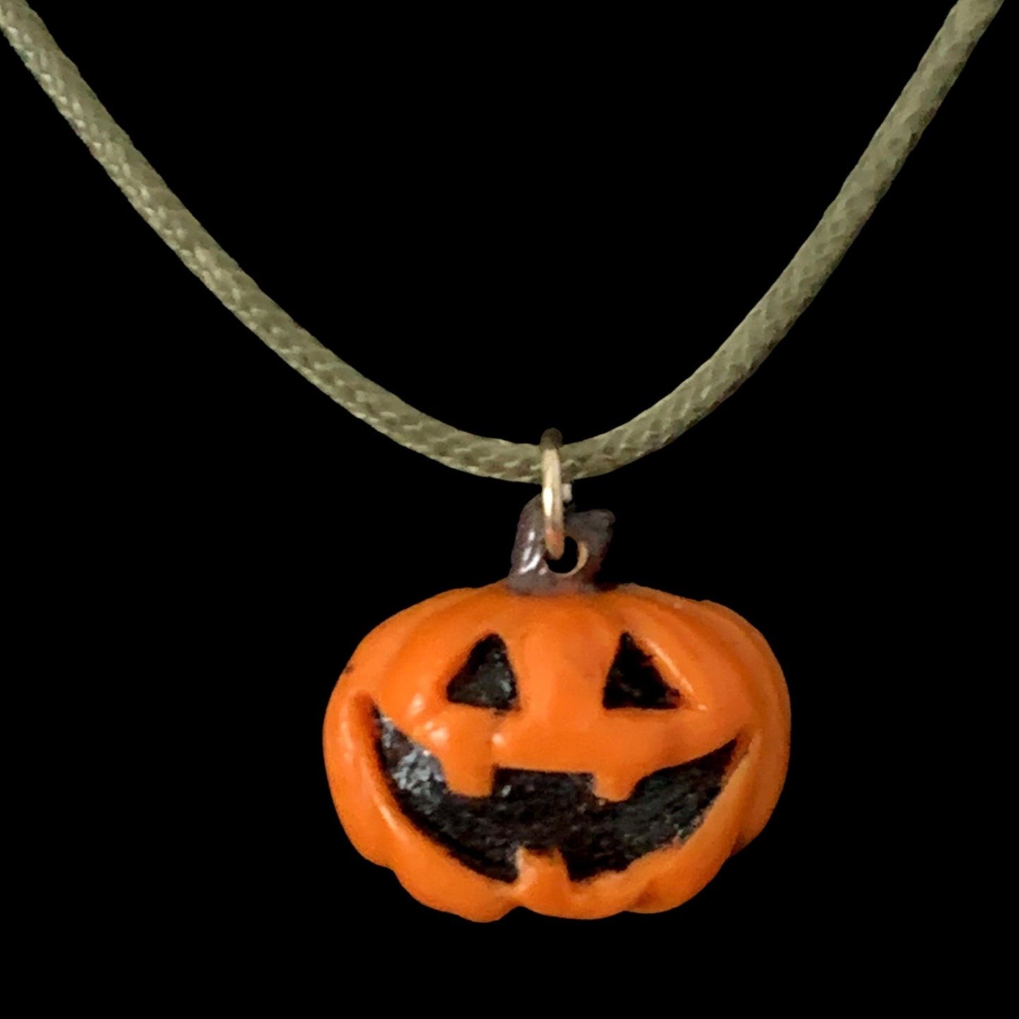 Cute Jack-O-Lantern Necklace, Orange Pumpkin, Green Faux Leather, Vegan - LumiFae