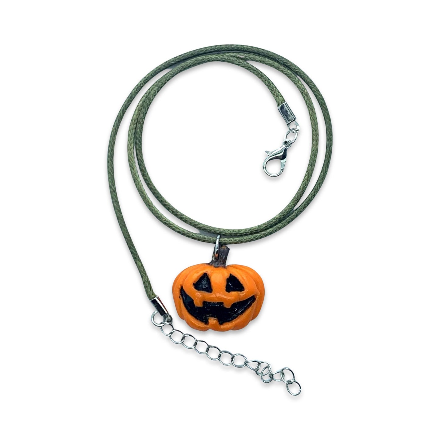 Cute Jack-O-Lantern Necklace, Orange Pumpkin, Green Faux Leather, Vegan - LumiFae