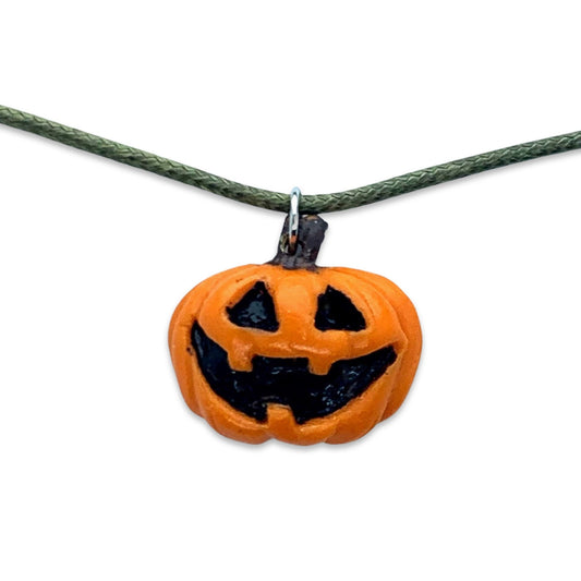 Cute Jack-O-Lantern Necklace, Orange Pumpkin, Green Faux Leather, Vegan - LumiFae