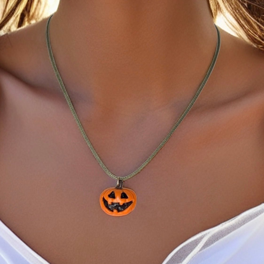 Cute Jack-O-Lantern Necklace, Orange Pumpkin, Green Faux Leather, Vegan - LumiFae