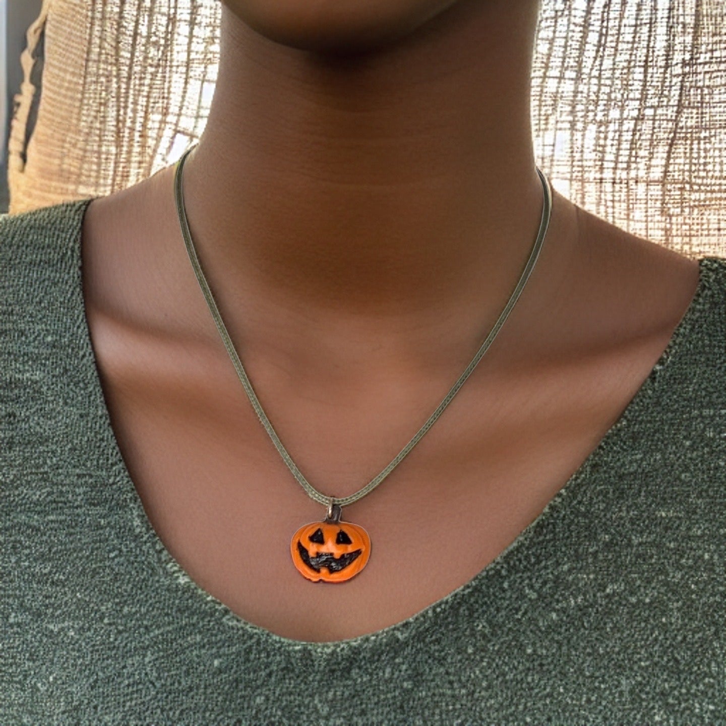 Cute Jack-O-Lantern Necklace, Orange Pumpkin, Green Faux Leather, Vegan - LumiFae