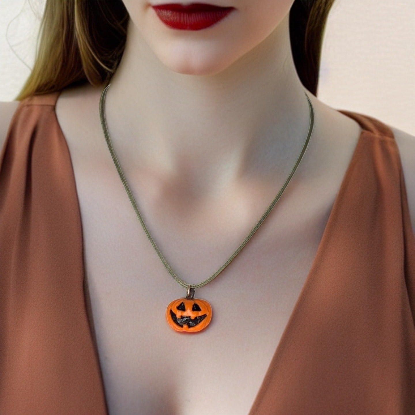 Cute Jack-O-Lantern Necklace, Orange Pumpkin, Green Faux Leather, Vegan - LumiFae