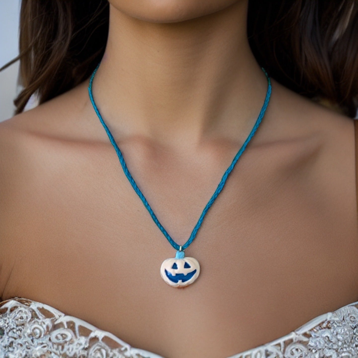 Frosted Winter Jack-O-Lantern Necklace, White Pumpkin, Blue Cotton Cord - LumiFae