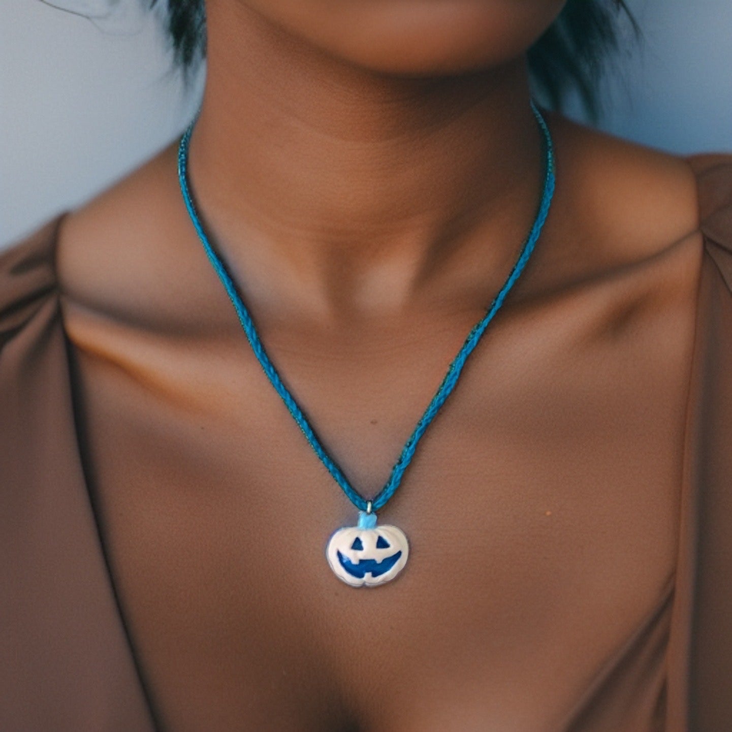 Frosted Winter Jack-O-Lantern Necklace, White Pumpkin, Blue Cotton Cord - LumiFae