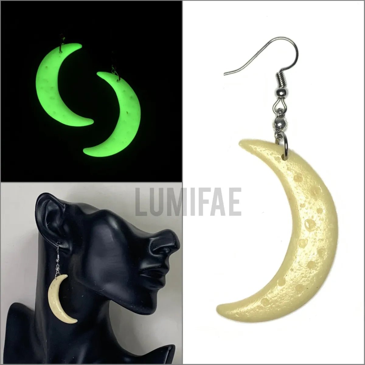 Glow-in-the-Dark Crescent Moon Earrings, Big Moons - LumiFae