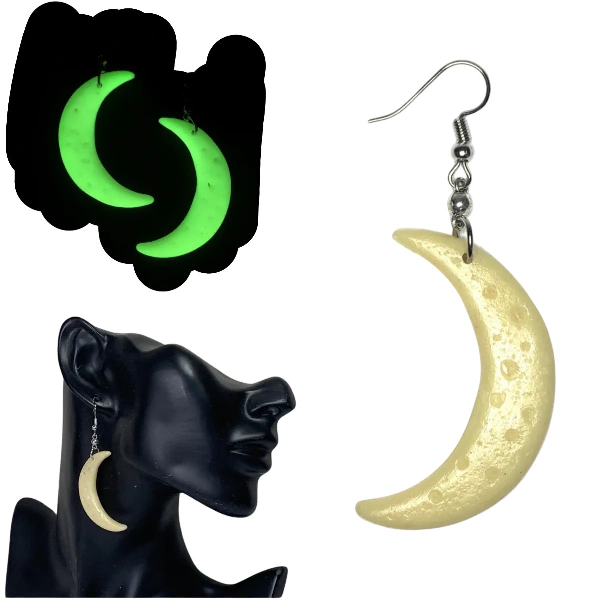 Glow-in-the-Dark Crescent Moon Earrings, Big Moons - LumiFae