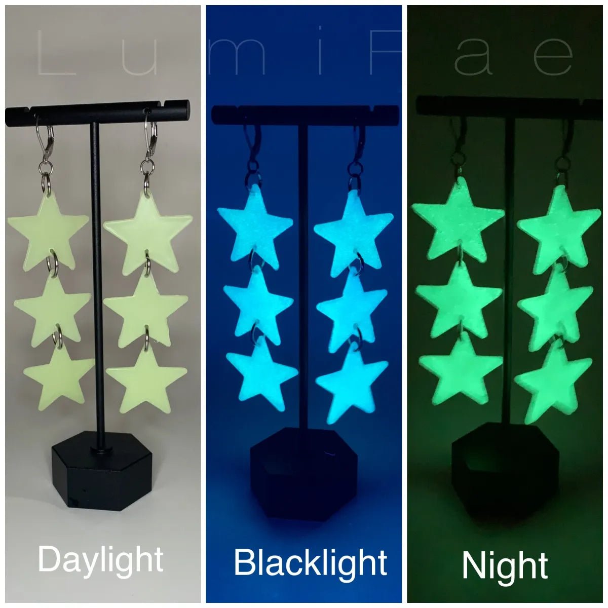 Glow-in-the-Dark Star Earrings, Ultra Lightweight, UV Reactive - LumiFae