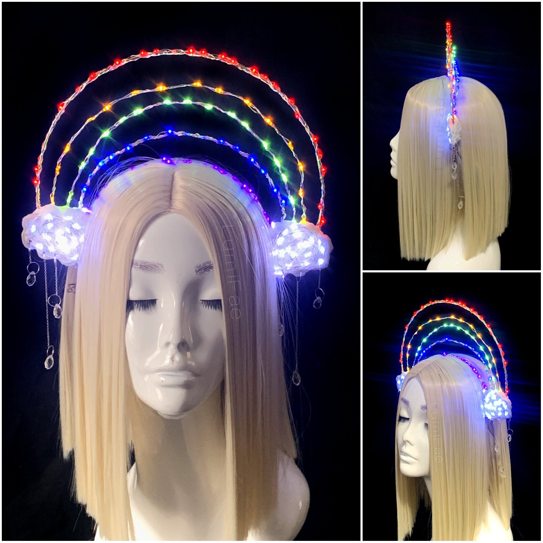 Glowing LED Rainbow Headpiece Crown with Clouds and Crystal Raindrops, Light Up - Experimental One-of-a-Kind Wearable Art - LumiFae