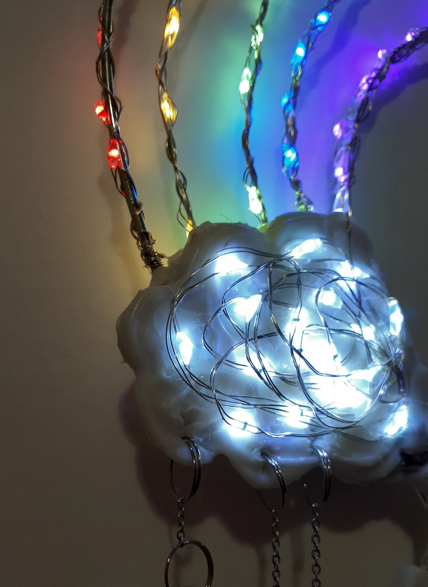 Glowing LED Rainbow Headpiece Crown with Clouds and Crystal Raindrops, Light Up - Experimental One-of-a-Kind Wearable Art - LumiFae