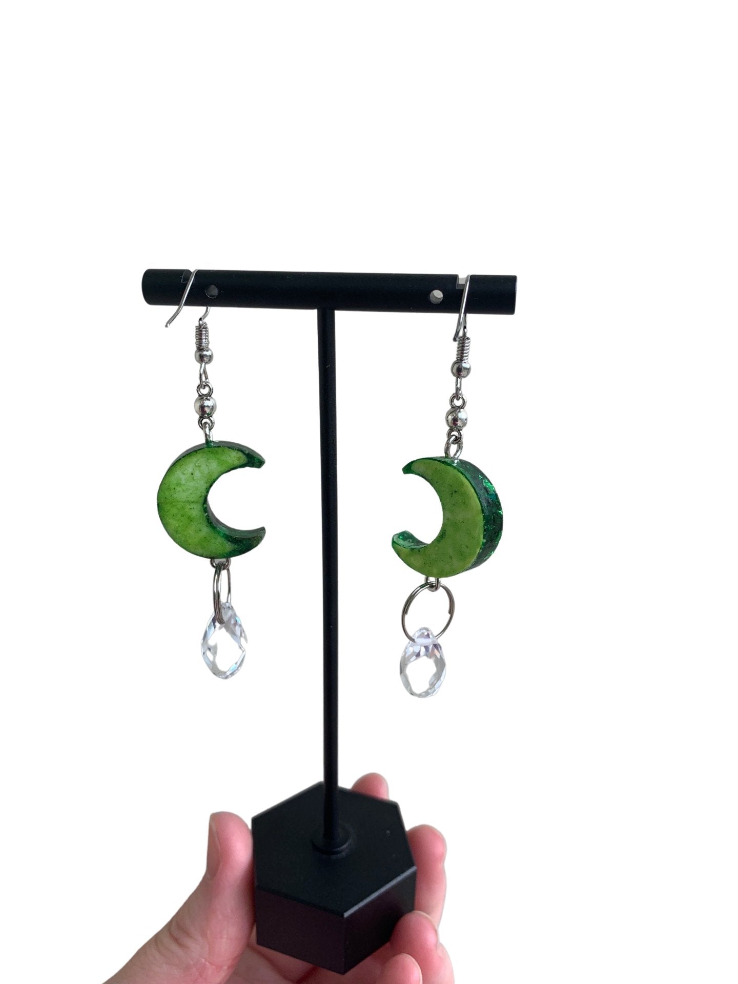 Green Sparkle Moon Crystal Teardrop Earrings - LumiFae