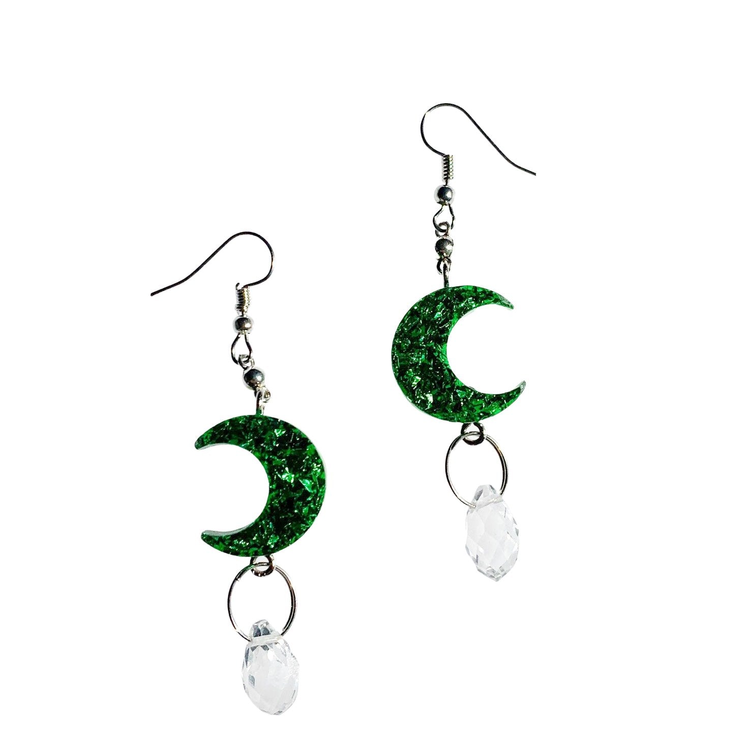 Green Sparkle Moon Crystal Teardrop Earrings - LumiFae