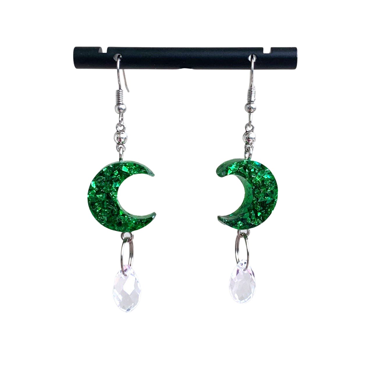 Green Sparkle Moon Crystal Teardrop Earrings - LumiFae