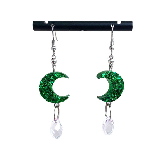 Green Sparkle Moon Crystal Teardrop Earrings - LumiFae