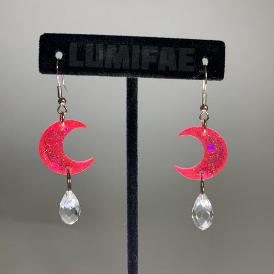 Hot Pink Glitter Moons with Crystal Tear Drops, Sterling Silver - LumiFae