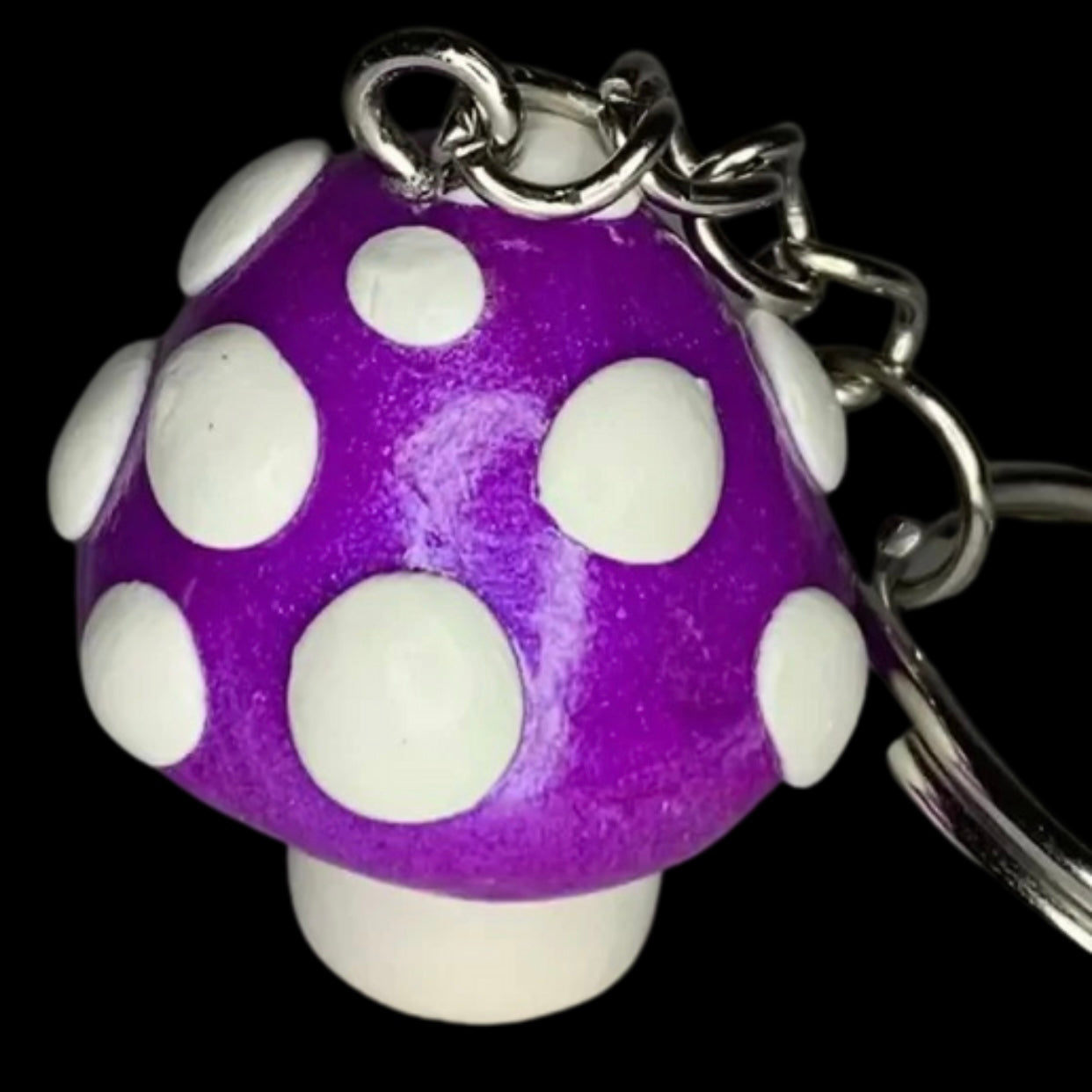 Shimmer Purple White Spotted Mushroom Keychains, cartoon, cute, stylized