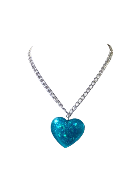 Big Blue Glitter Heart Pendant on thick lightweight, Silver Aluminum Chain, 2”