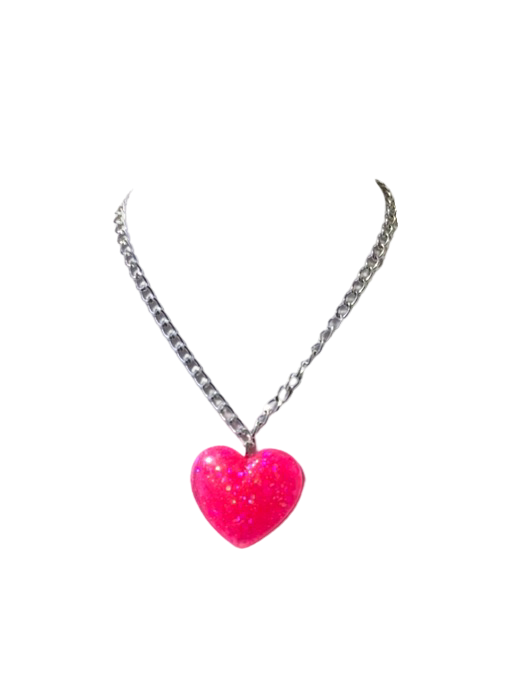 Big Pink Sparkly Heart Pendant on Lightweight Silver Aluminum Chain, 2”