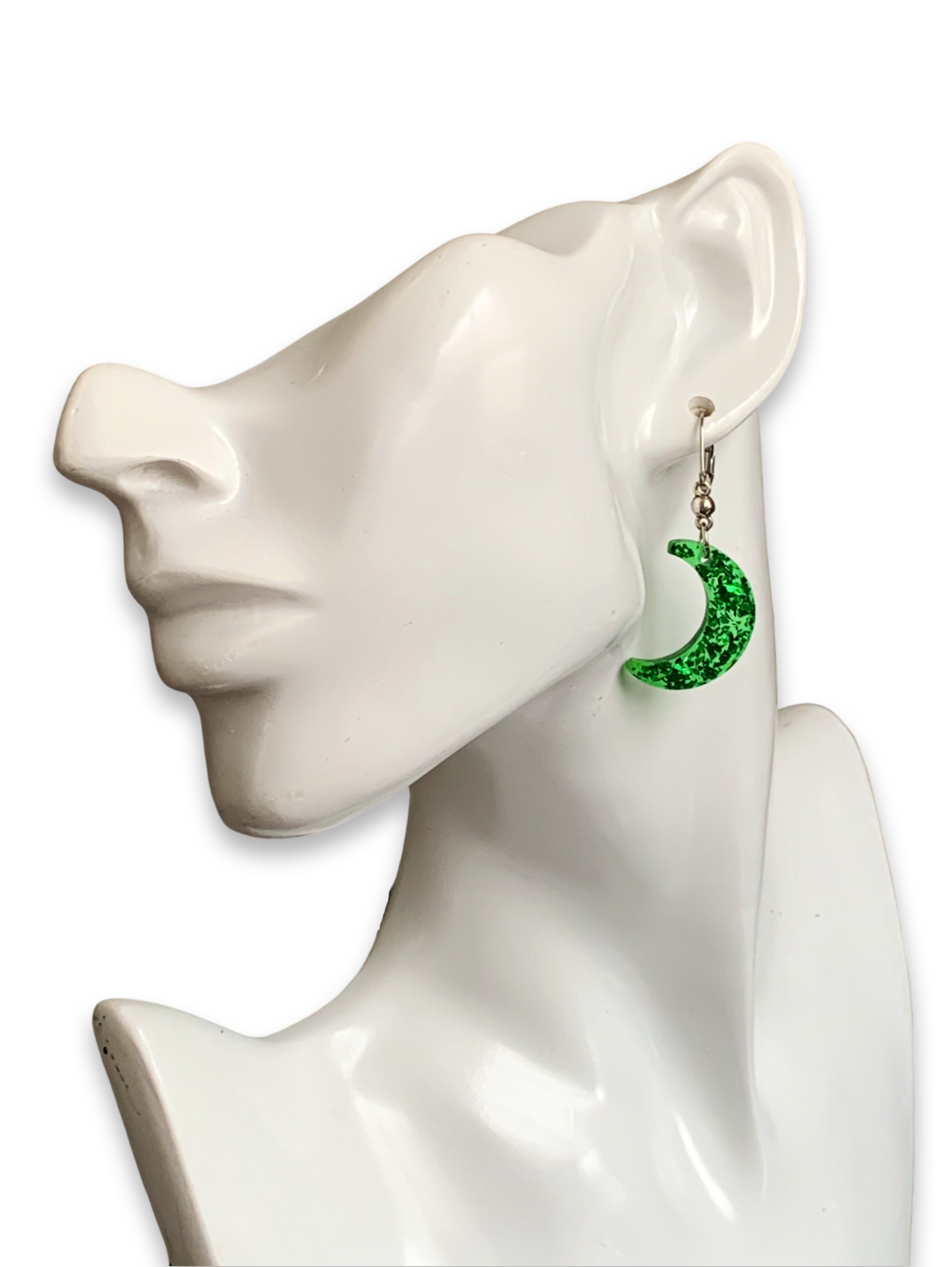 Sparkly Green Glitter Filled Crescent Moon Earrings with Stainless Steel Clasps