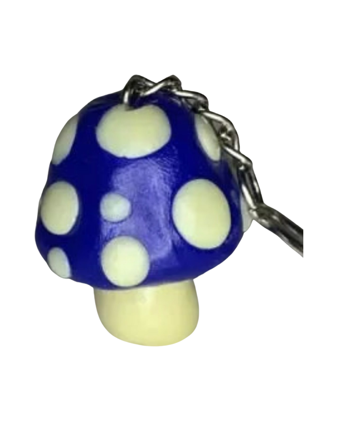 Blue and Glow-in-the-Dark Spotted Mushroom Keychains, cute, cartoon, stylized, Blacklight, UV reactive, glow