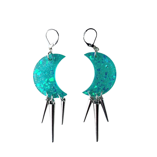 Teal Glitter Moon Earrings with Spikes