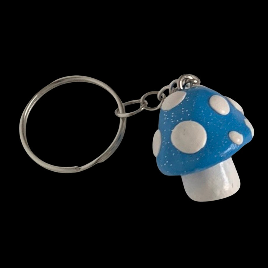 Sparkly Bright Blue Spotted Mushroom Keychains, cartoon, cute, stylized