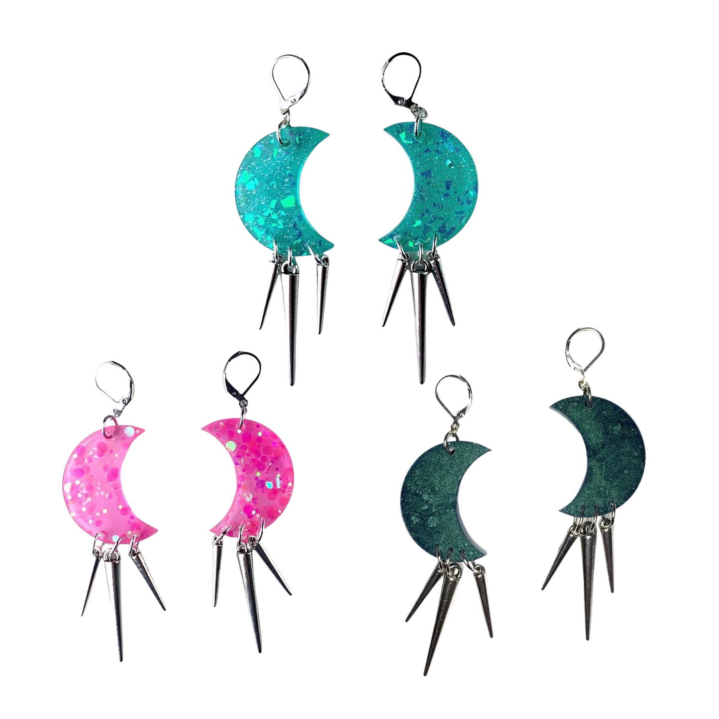 Metallic Green Moon Earrings with Spikes - Imperfect