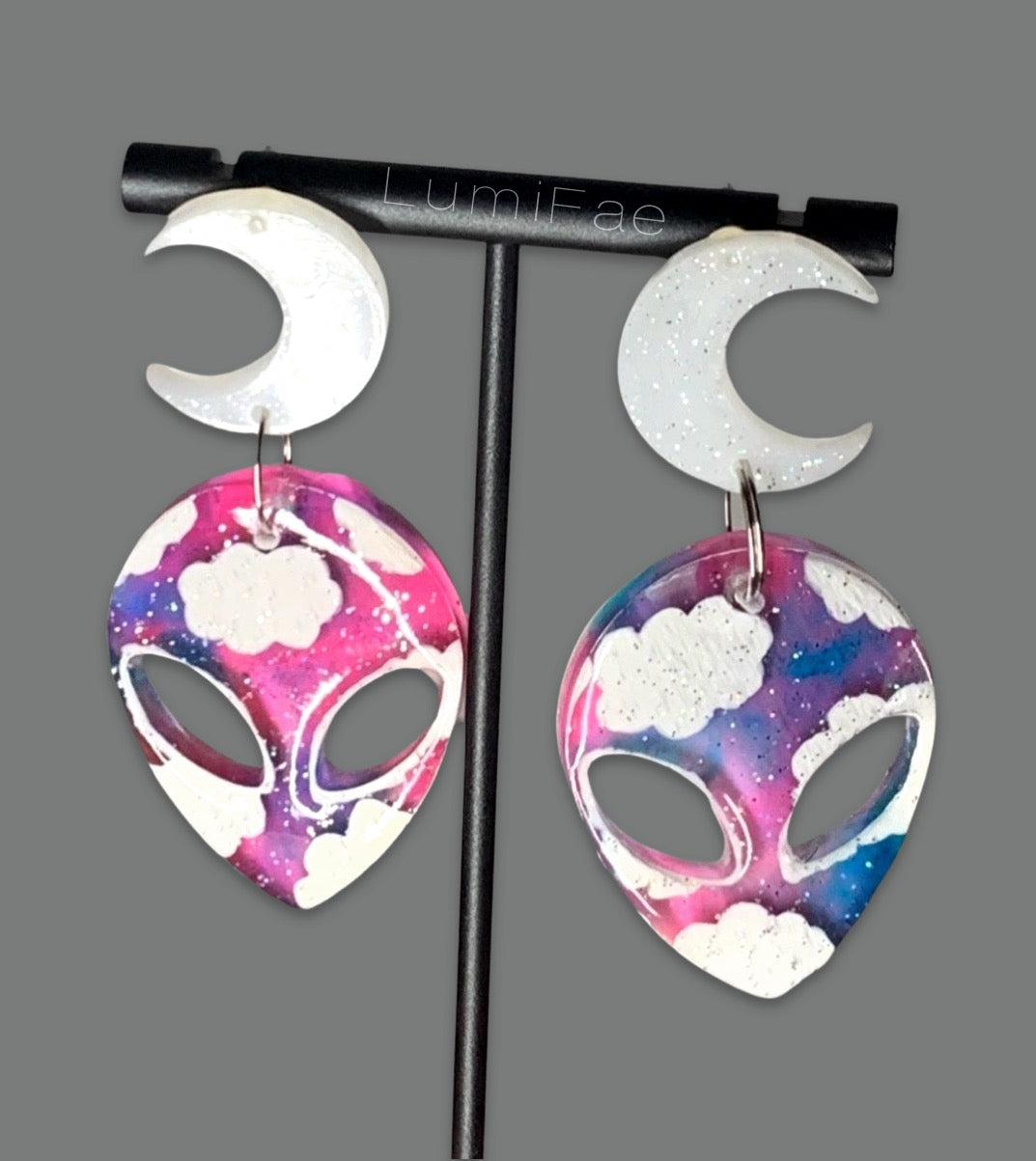 Pink Blue Clouds Glitter Moons Alien Stud Earrings, Sterling Silver, One-of-A-Kind
