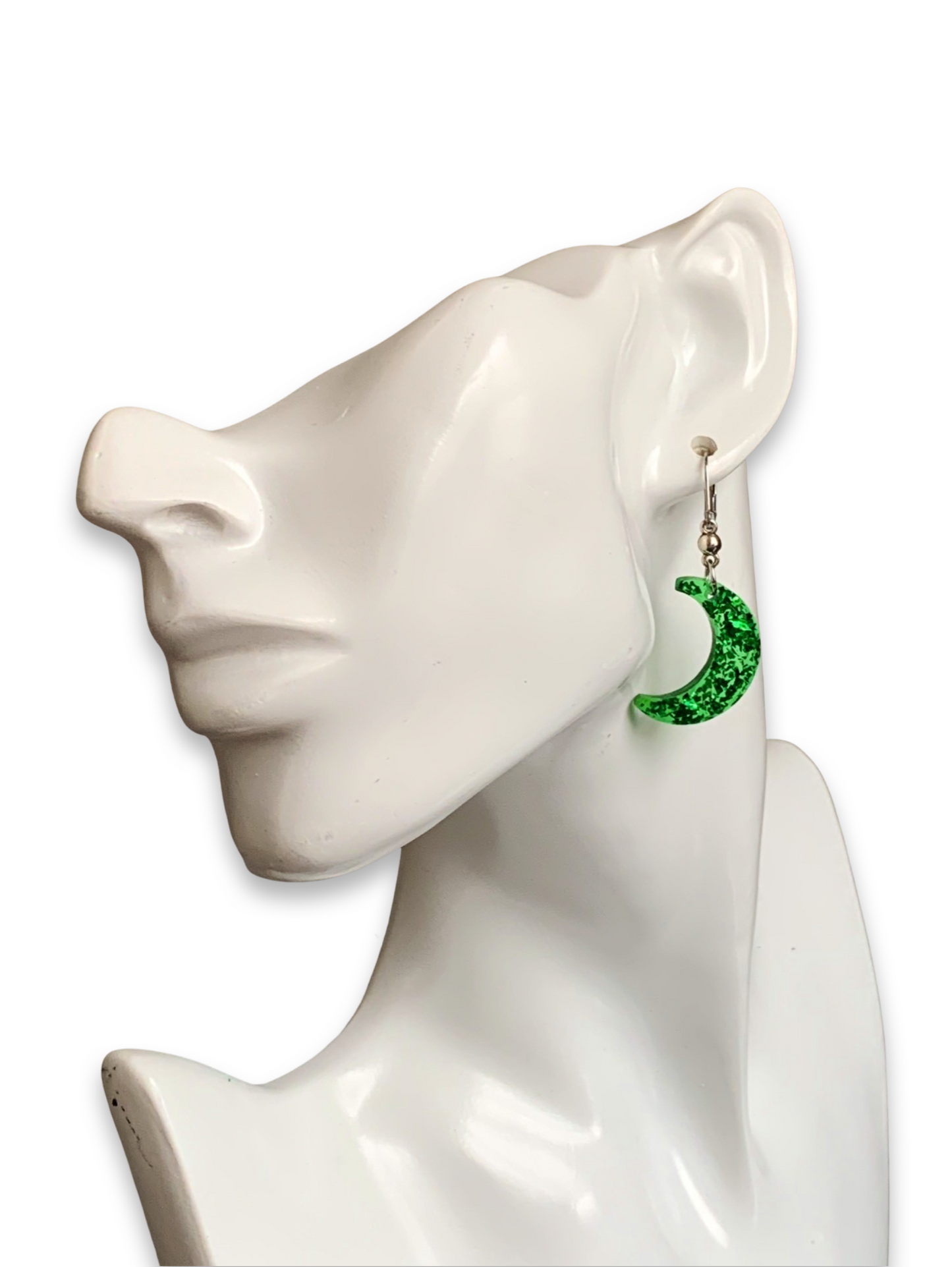 Sparkly Green Glitter Filled Crescent Moon Earrings with Stainless Steel Clasps