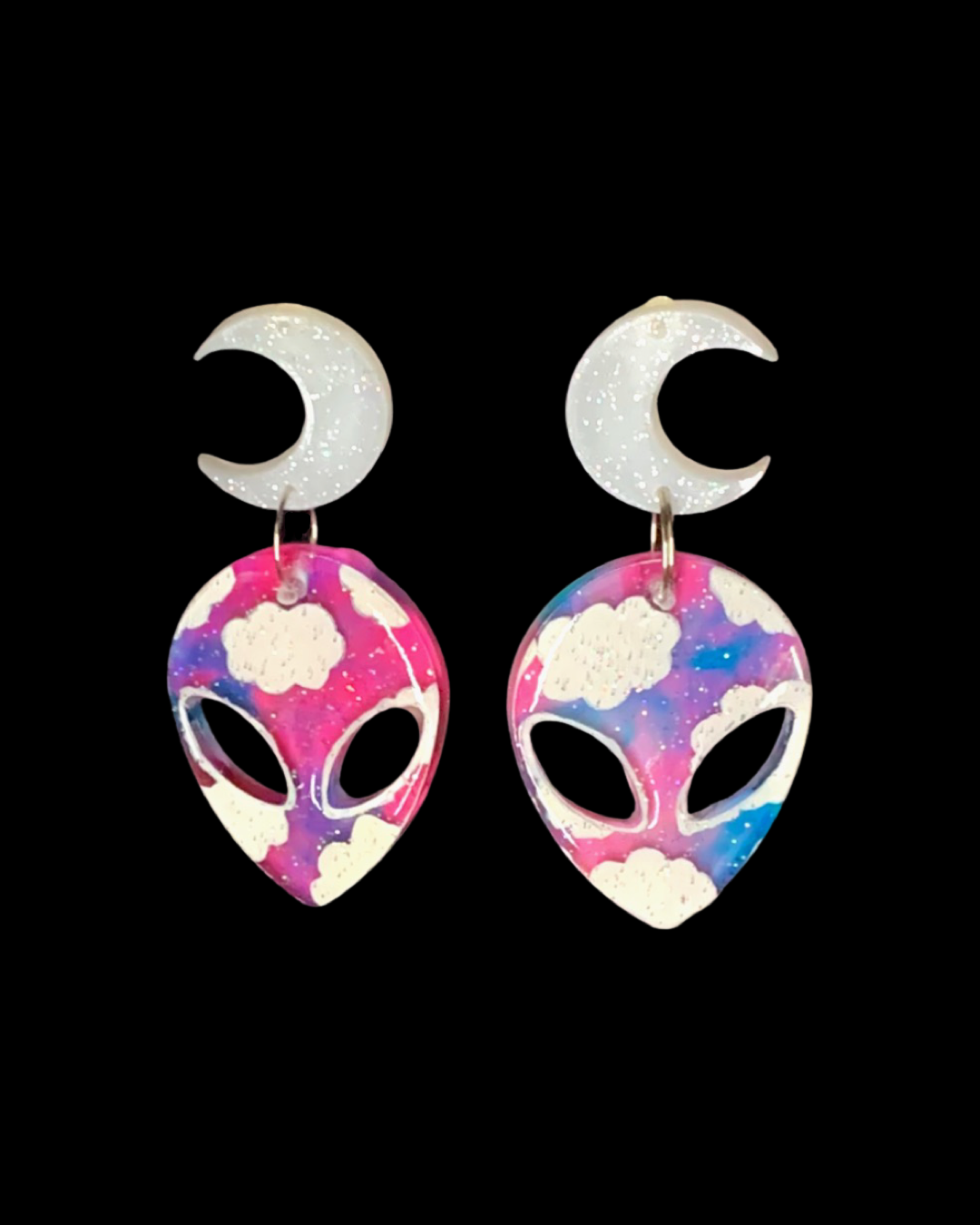 Pink Blue Clouds Glitter Moons Alien Stud Earrings, Sterling Silver, One-of-A-Kind