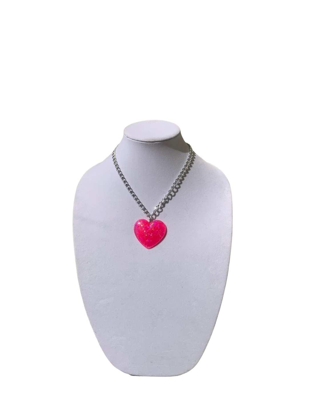 Big Pink Sparkly Heart Pendant on Lightweight Silver Aluminum Chain, 2”