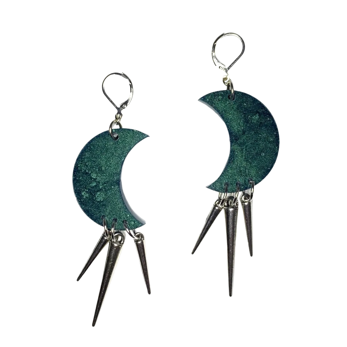 Metallic Green Moon Earrings with Spikes
