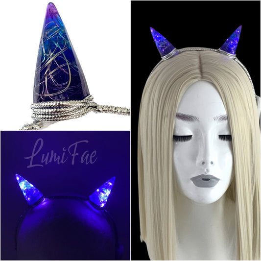 Magical Purple Blue LED Horns Headband wrapped with silver cord, Sorceress, One-of-a-Kind - LumiFae