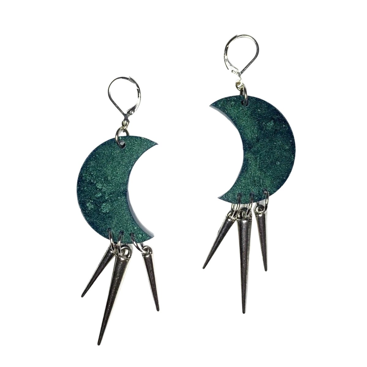 Metallic Green Moon Earrings with Spikes - LumiFae