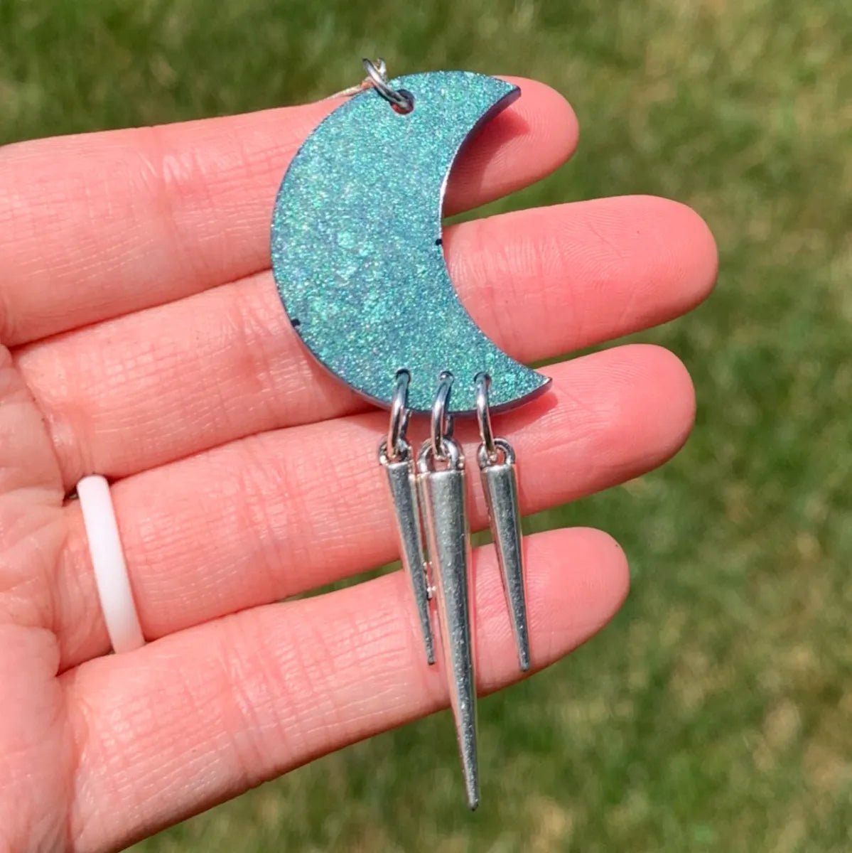 Metallic Green Moon Earrings with Spikes - LumiFae