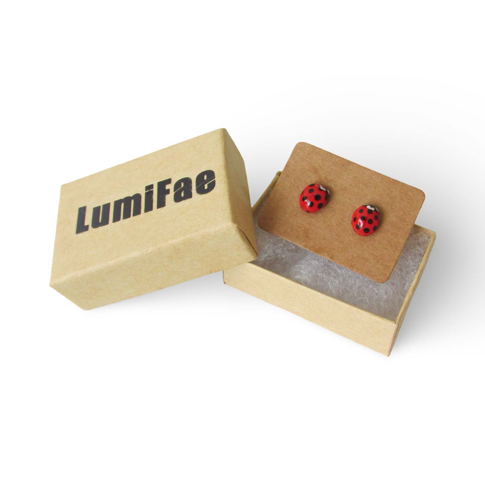 Ladybug earrings in a small LumiFae Kraft paper jewelry box 