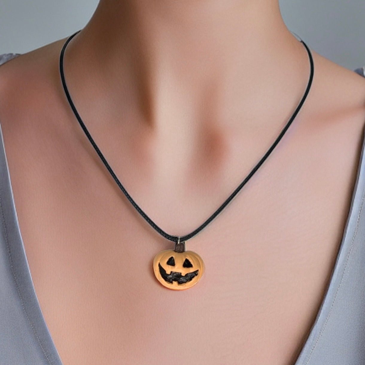 Pale Jack-O-Lantern Necklace, Light Orange Pumpkin, Black Faux Leather, Vegan - LumiFae