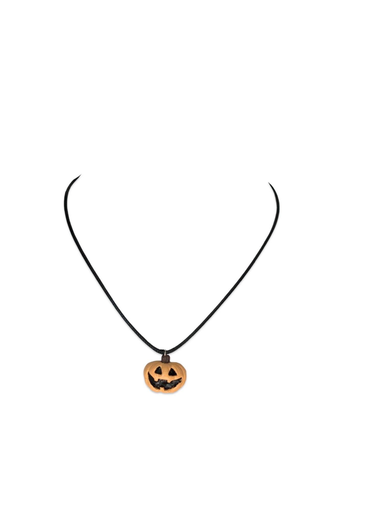 Pale Jack-O-Lantern Necklace, Light Orange Pumpkin, Black Faux Leather, Vegan - LumiFae