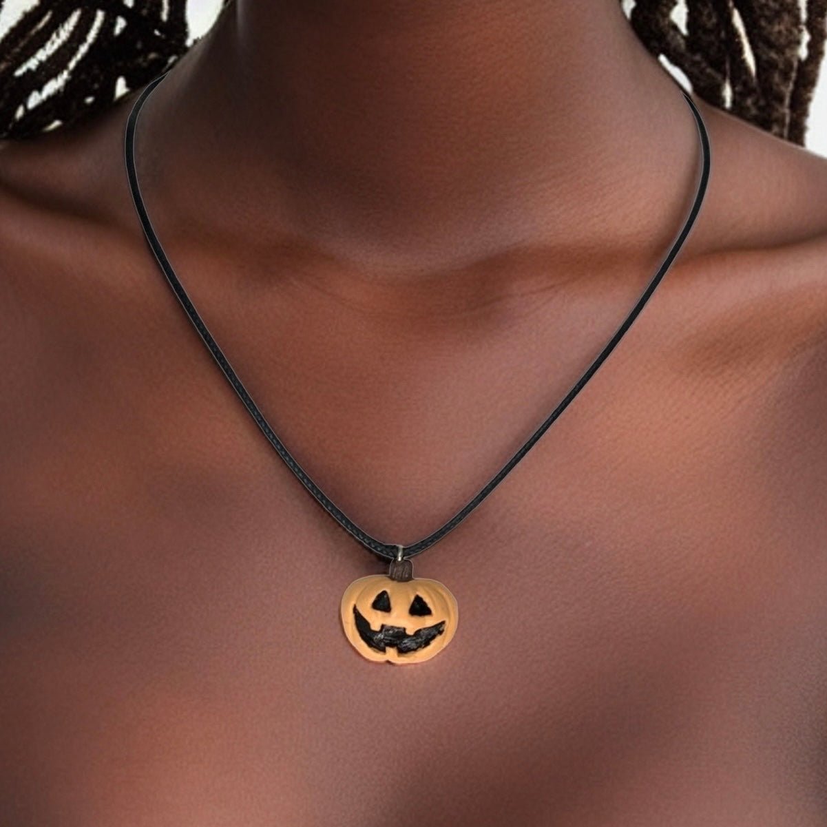 Pale Jack-O-Lantern Necklace, Light Orange Pumpkin, Black Faux Leather, Vegan - LumiFae