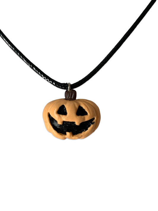 Pale Jack-O-Lantern Necklace, Light Orange Pumpkin, Black Faux Leather, Vegan - LumiFae